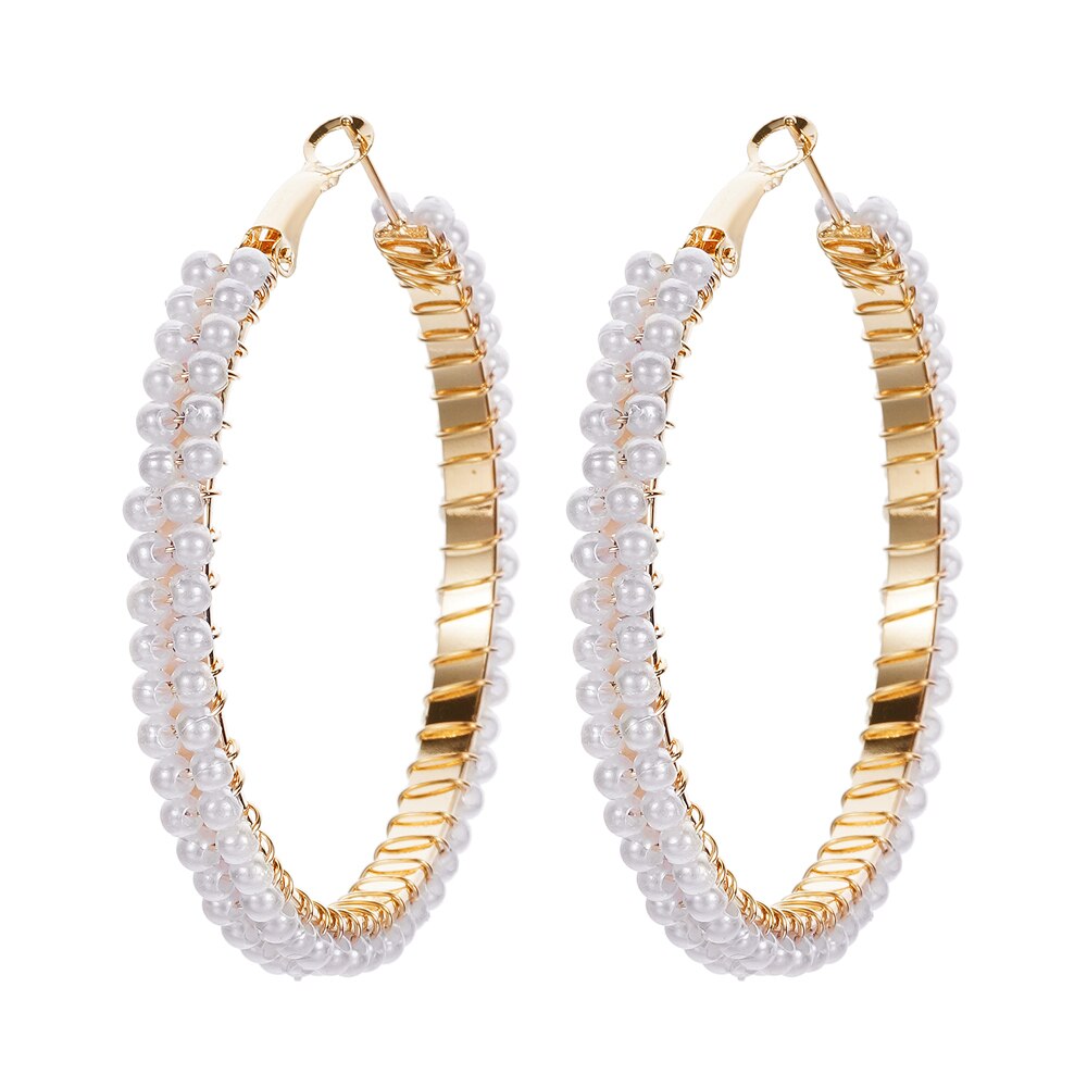 White Boho Imitation Pearl Round Circle Hoop Earrings Gold Color Big Earrings