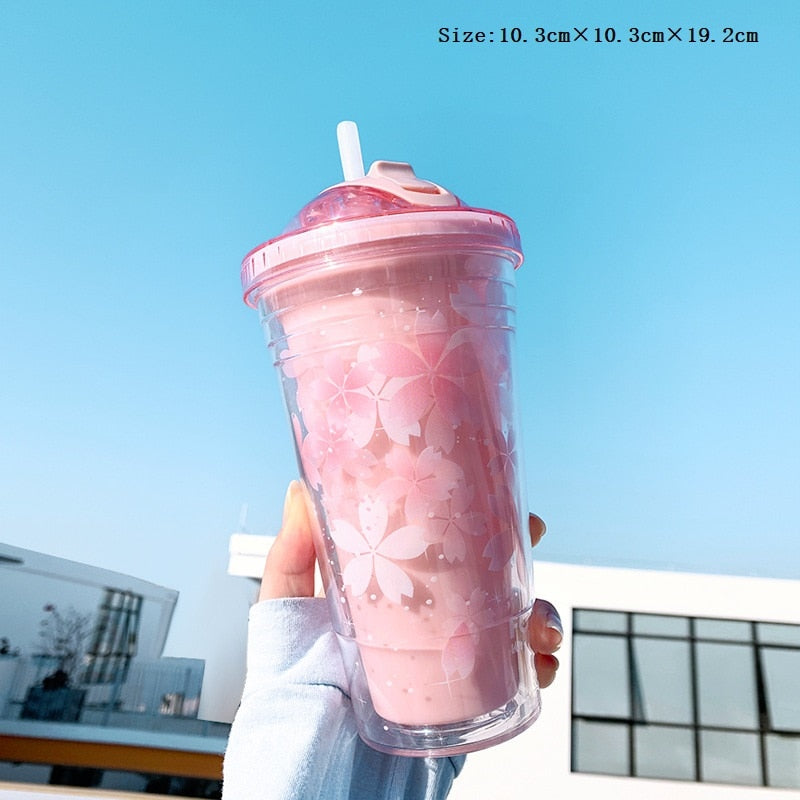 Sakura BPA Free Plastic Cups with Lids and Straw Water Bottle for Drinking Coffee Mug Juice Milk straw cup Hidden Straw Ice Cup