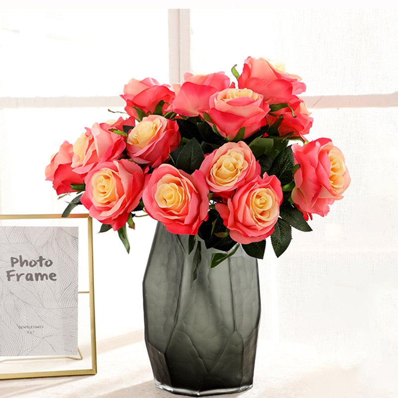 Simulation Bouquet 9 Heads Artificial Rose Silk Fake Flower Home Living Room Dining Table Wedding Decoration Purple