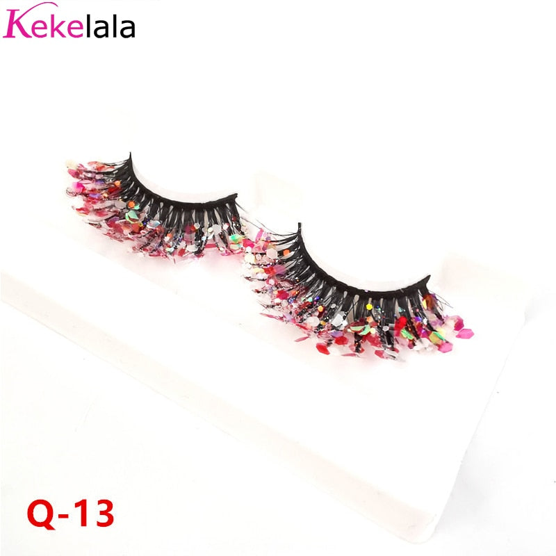 Unique Shining Colored Eyelashes Gold Pink Green Glitter Colorful False Eye Lashes Dramatic Halloween Party Rainbow Cilias