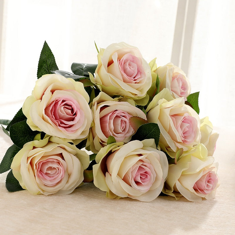 Simulation Bouquet 9 Heads Artificial Rose Silk Fake Flower Home Living Room Dining Table Wedding Decoration Purple