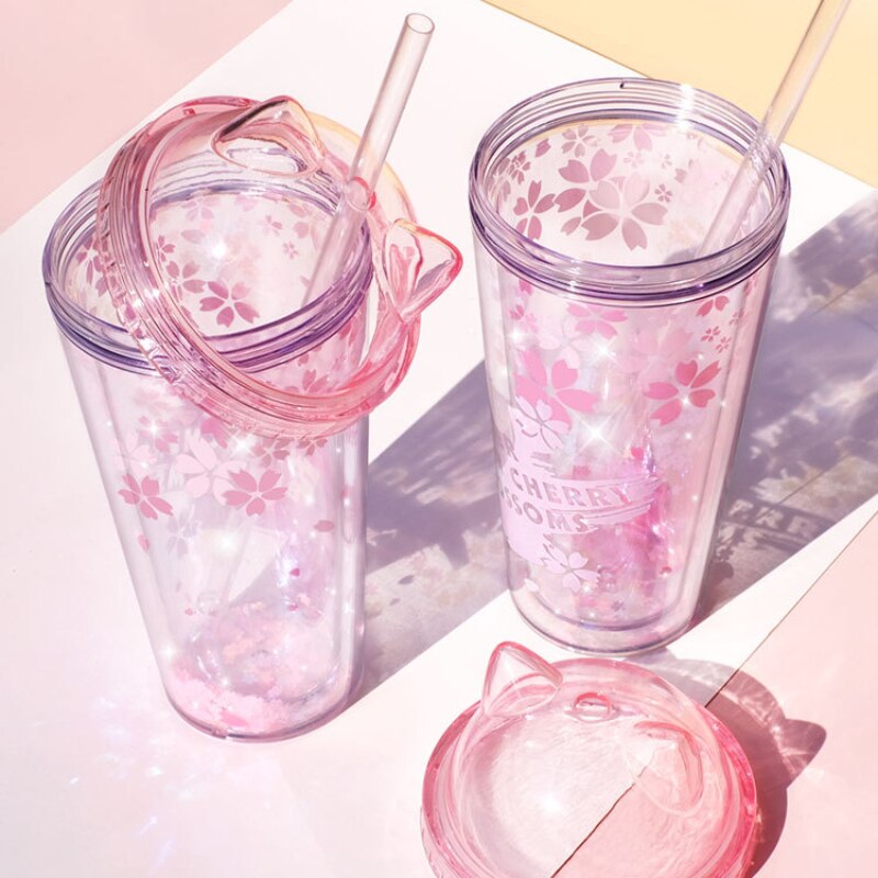 Sakura BPA Free Plastic Cups with Lids and Straw Water Bottle for Drinking Coffee Mug Juice Milk straw cup Hidden Straw Ice Cup