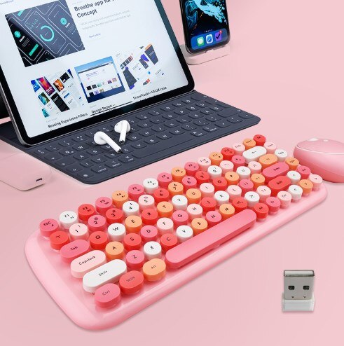 Cute Pink Wireless Keyboard Office Mouse 2.4G Keyboard and Mouse Set Round Key Cap Girly Pink Keyboard Mini Gaming