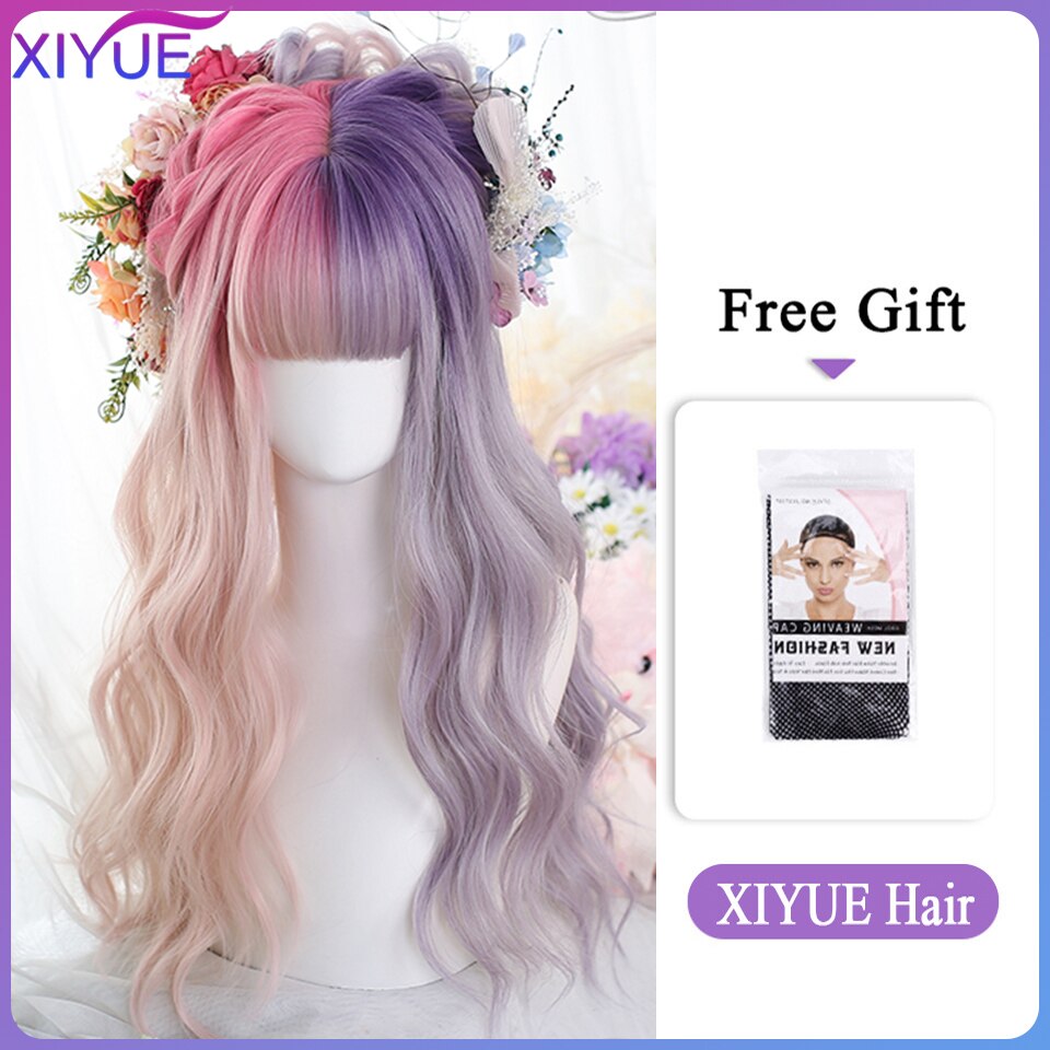 Blue Pink Lolita Wigs Ombre Long Water Wave Cosplay Wigs Synthetic Hair Wigs Heat Resistant For Women