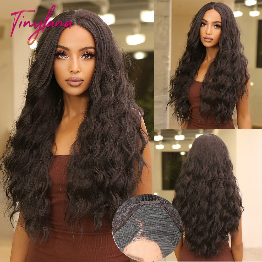 13x4Long Curly Wavy Lace Front Synthetic Wigs Dark Black Brown Deep Wave Lace Wigs Natural Cosplay Futura Hair
