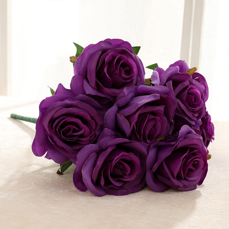 Simulation Bouquet 9 Heads Artificial Rose Silk Fake Flower Home Living Room Dining Table Wedding Decoration Purple