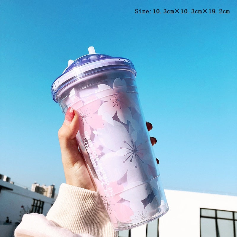 Sakura BPA Free Plastic Cups with Lids and Straw Water Bottle for Drinking Coffee Mug Juice Milk straw cup Hidden Straw Ice Cup