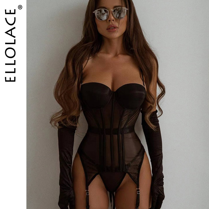 Lingerie Corset Outfits 4-Piece Seamless Sexy Underwear Uncensored Sheer Lace Sissy Erotic Set Black Intimate
