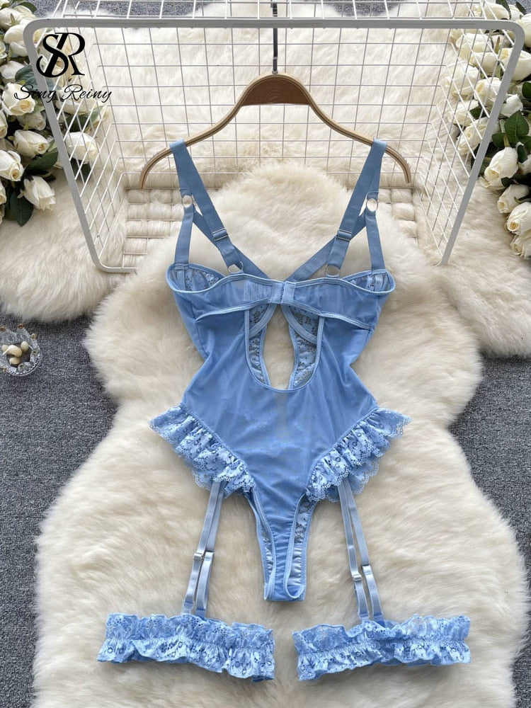 Women Erotic Sexy Lace Rompers Sleeveless Backless Slim Short Playsuit Transparent Underwear Hollow Out Mesh Bodysuits