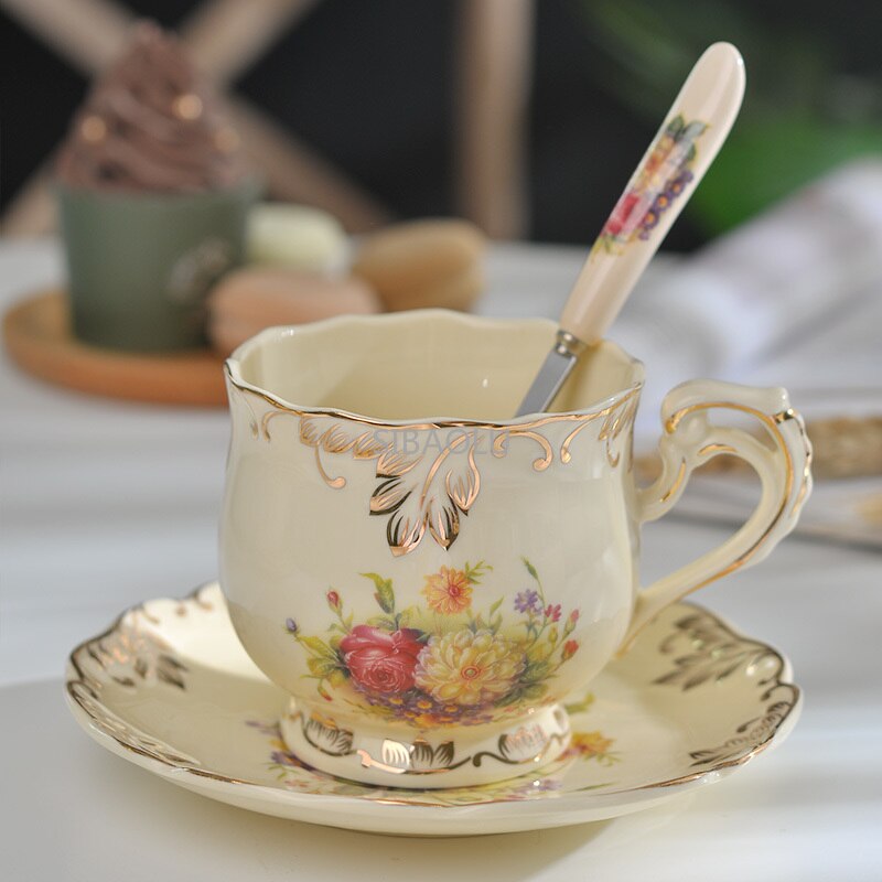 Creative Ceramic Coffee Cup and Saucer Hand Painted Rose Porcelain Tea Cup and Spoon Classic Drink Gift