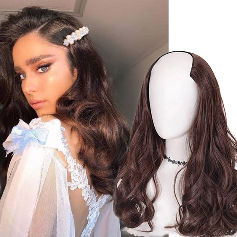 Synthetic Hair Fake Hair Extensions Clip Hairpiece V-Shaped Half Wig Natural Wavy Extension False Strands On Hairpins Women