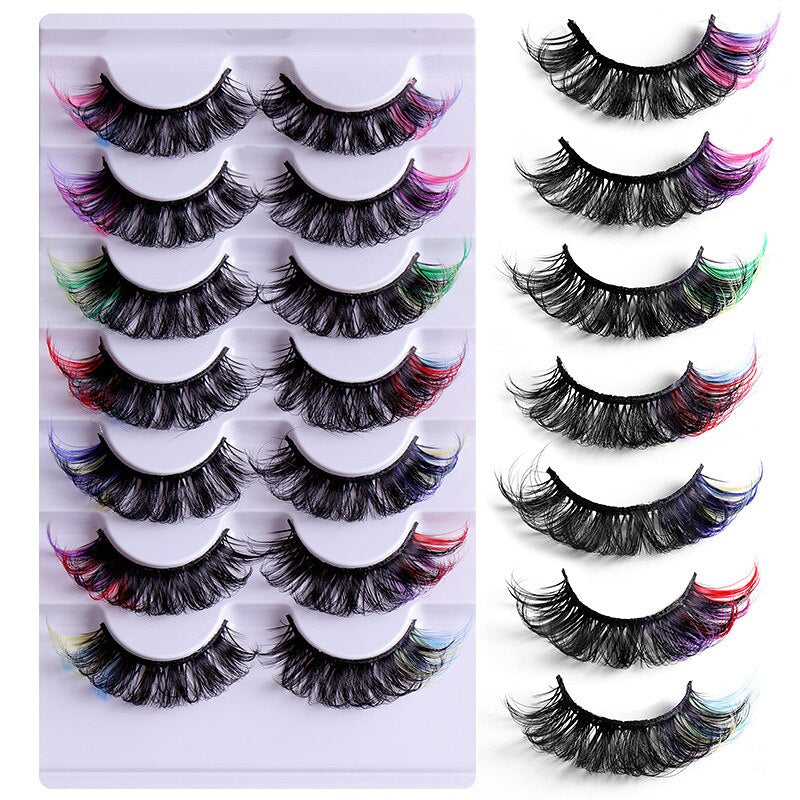 Colored Eyelashes Mix 7 Pairs Rainbow Mixed Color Lashes Cosplay Fluffy Mink Fake Eyelashes Extension Faux Cils