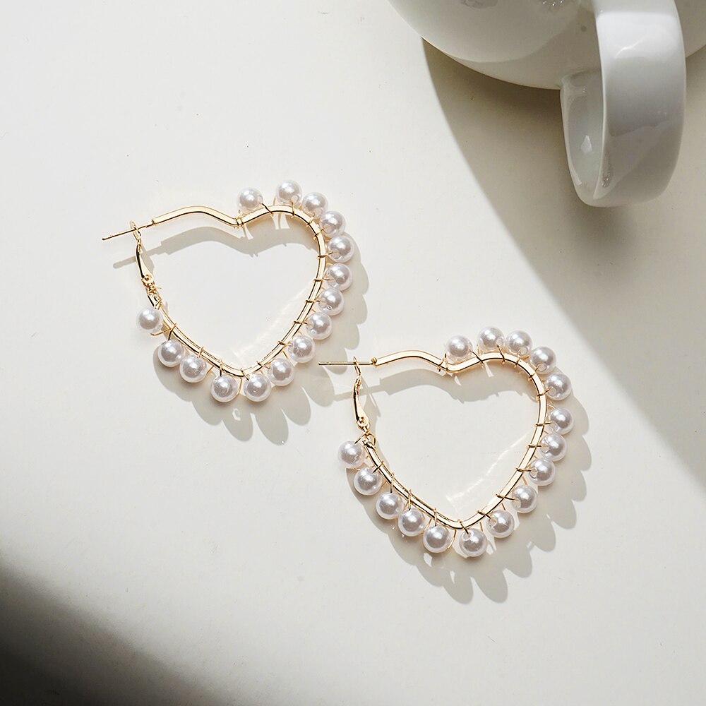 White Boho Imitation Pearl Round Circle Hoop Earrings Gold Color Big Earrings