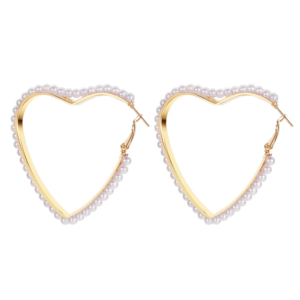 White Boho Imitation Pearl Round Circle Hoop Earrings Gold Color Big Earrings