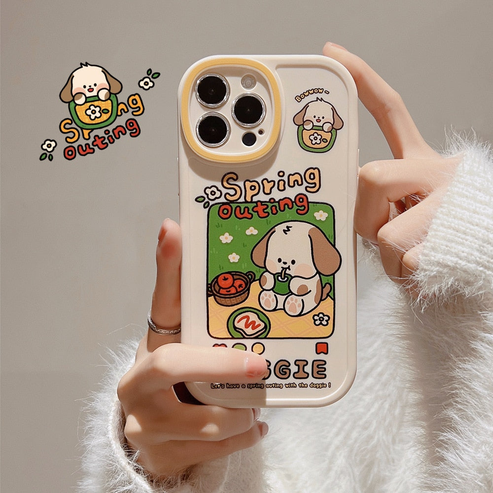 Retro spring picnic puppy dog art Kawaii Phone Case For iPhone 14 13 11 12 Pro Max 14 Plus XR Xs Max X 7 8 Plus Case Cute Cover