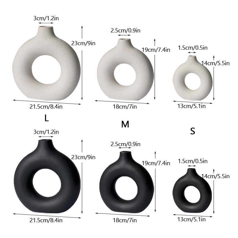 Black Circular Hollow Ceramic Vase Donuts Nordic Flower Pot Home Decoration Accessories Office Living Room Interior Decor