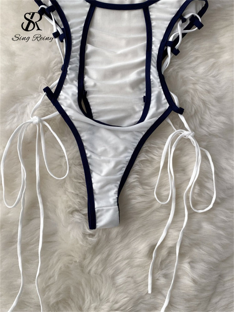 Women Sexy Halter Playsuits Drawstring Lace Up Design Transparent Bodysuits Slim Hollow Out Summer Rompers