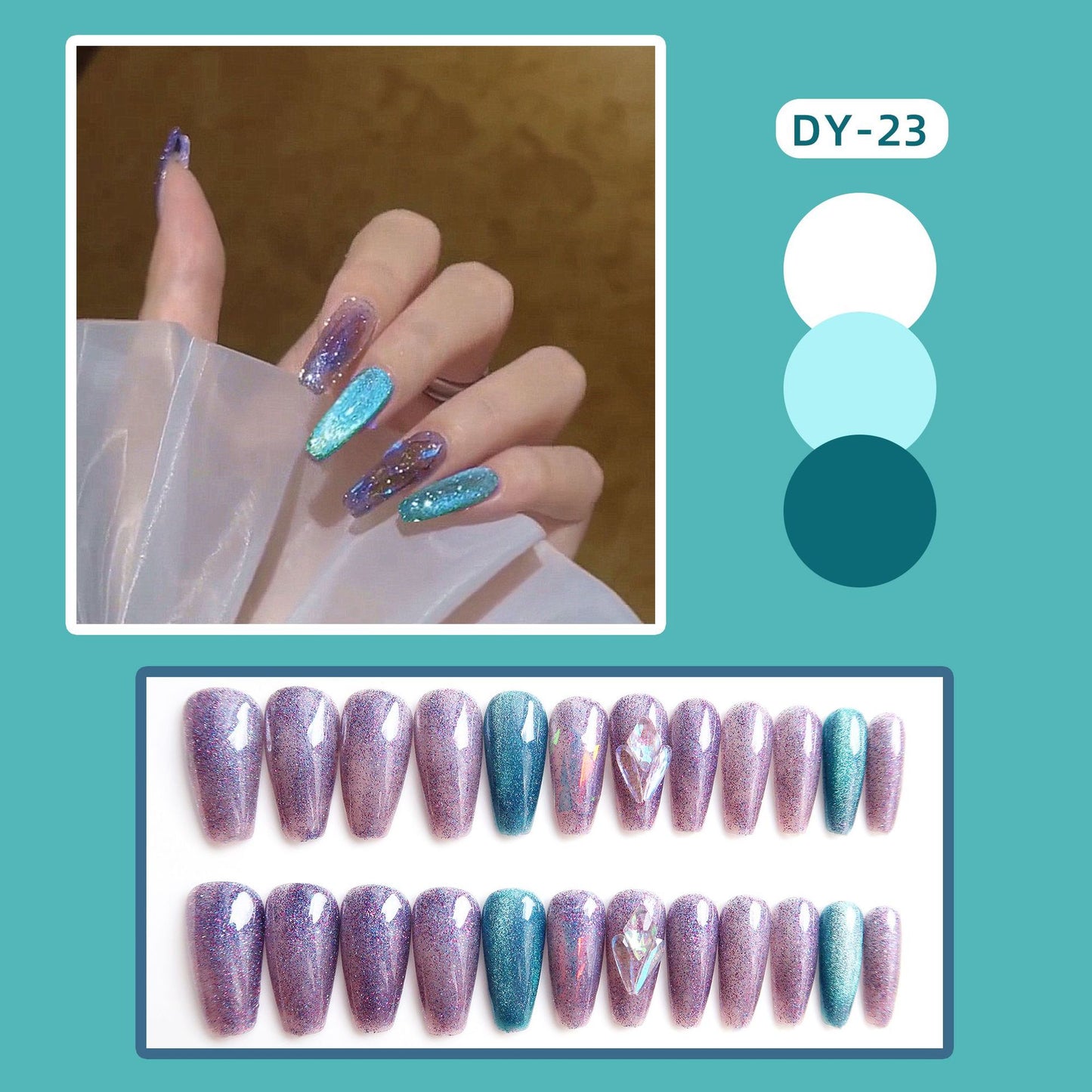 24pcs Cat Eye False Nail Deep Blue Color Fake Nail Tips Full Cover Nail Art Long Coffin Ballet Press on Nail Manicure Nail Tips