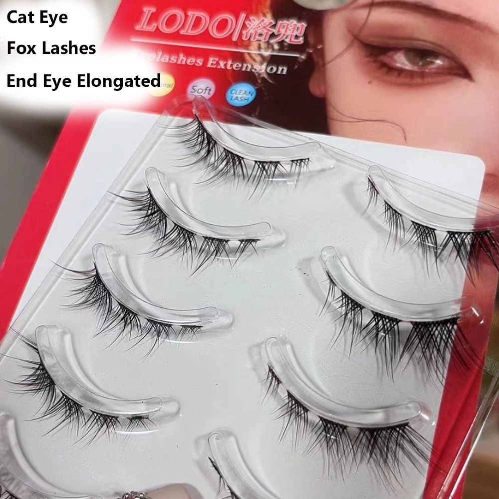 5Pairs 3D Mink Cat Eye Lashes Transparent Stem End Eye Elongated Eyelashes Full Strip Wispy Volume Fox Eye Lashes