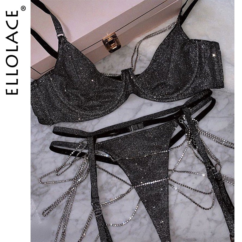 Sparkle Chain Push Up Bra And Panty Set Women Rhinestone Intimates Lingerie Set Underwear Bralette Sexy Brief Set