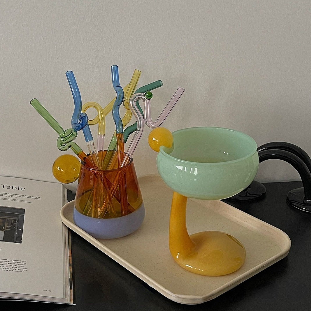 Creative Colored Glass Goblet Ice Cream Bowl Glass Cup Cold Drink Fruit Tea Cup Dessert Cup Decorative Glass Cup