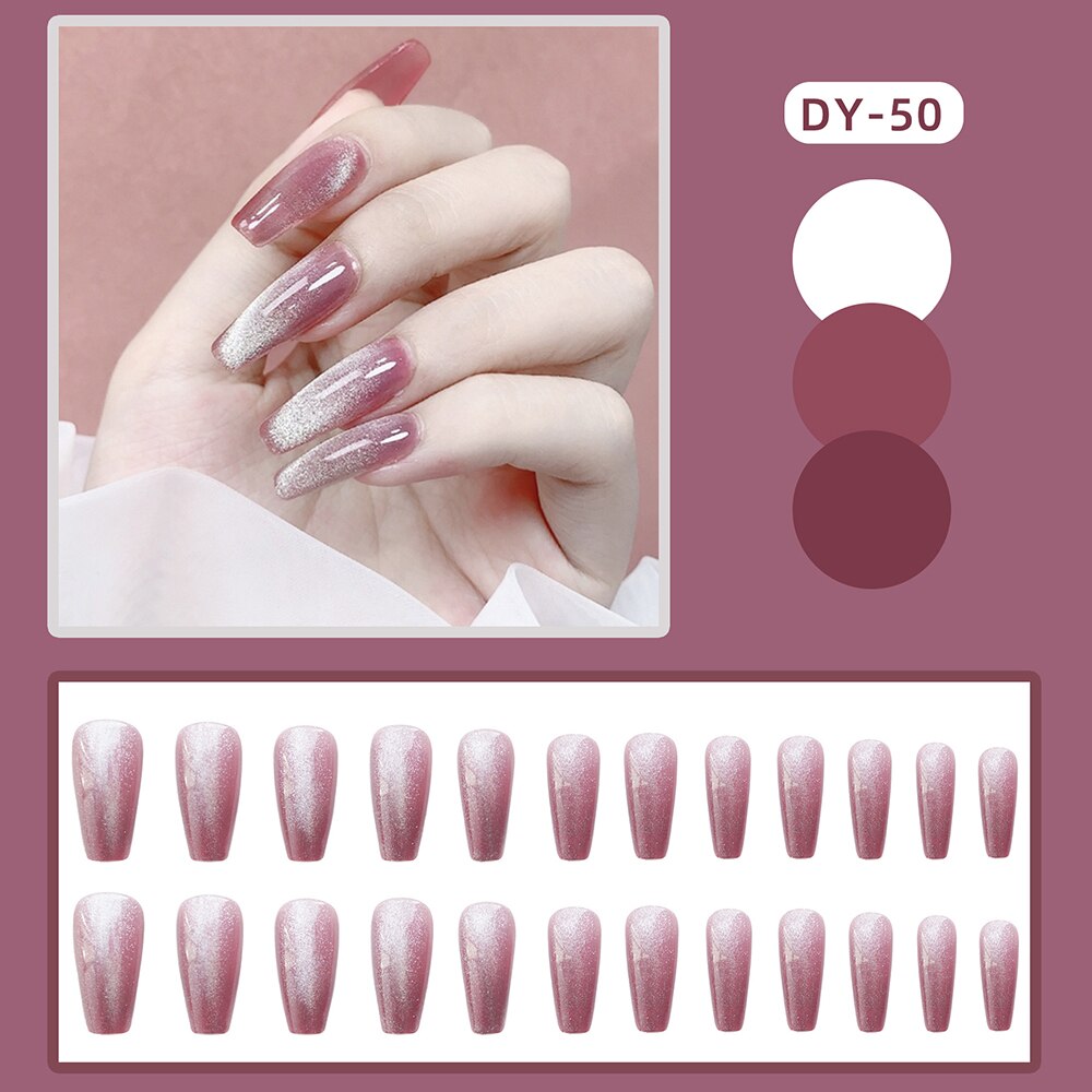 24pcs Cat Eye False Nail Deep Blue Color Fake Nail Tips Full Cover Nail Art Long Coffin Ballet Press on Nail Manicure Nail Tips