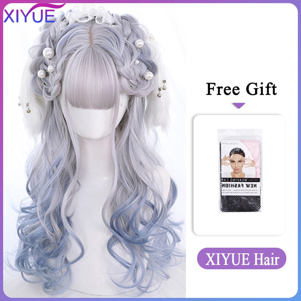 Blue Pink Lolita Wigs Ombre Long Water Wave Cosplay Wigs Synthetic Hair Wigs Heat Resistant For Women