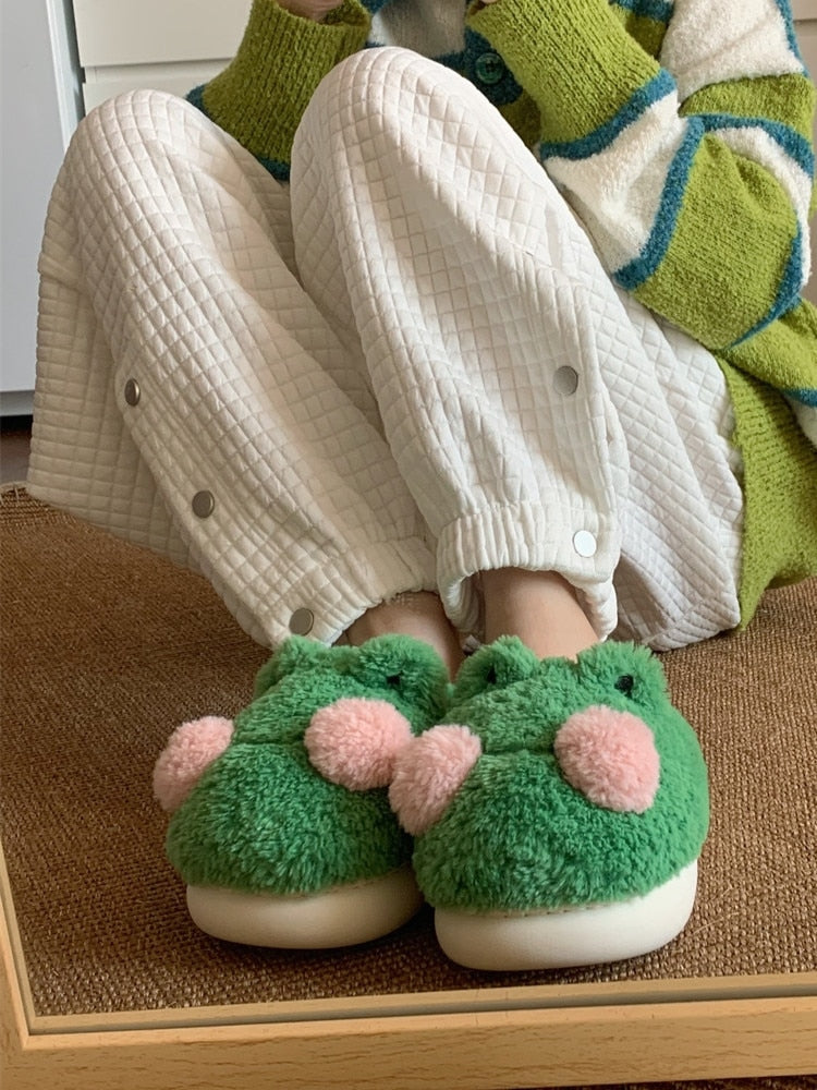 Funny Couple Lovely Frog Cotton Slippers Winter NonSlip Warm Plush Home Slipper Household Shoes