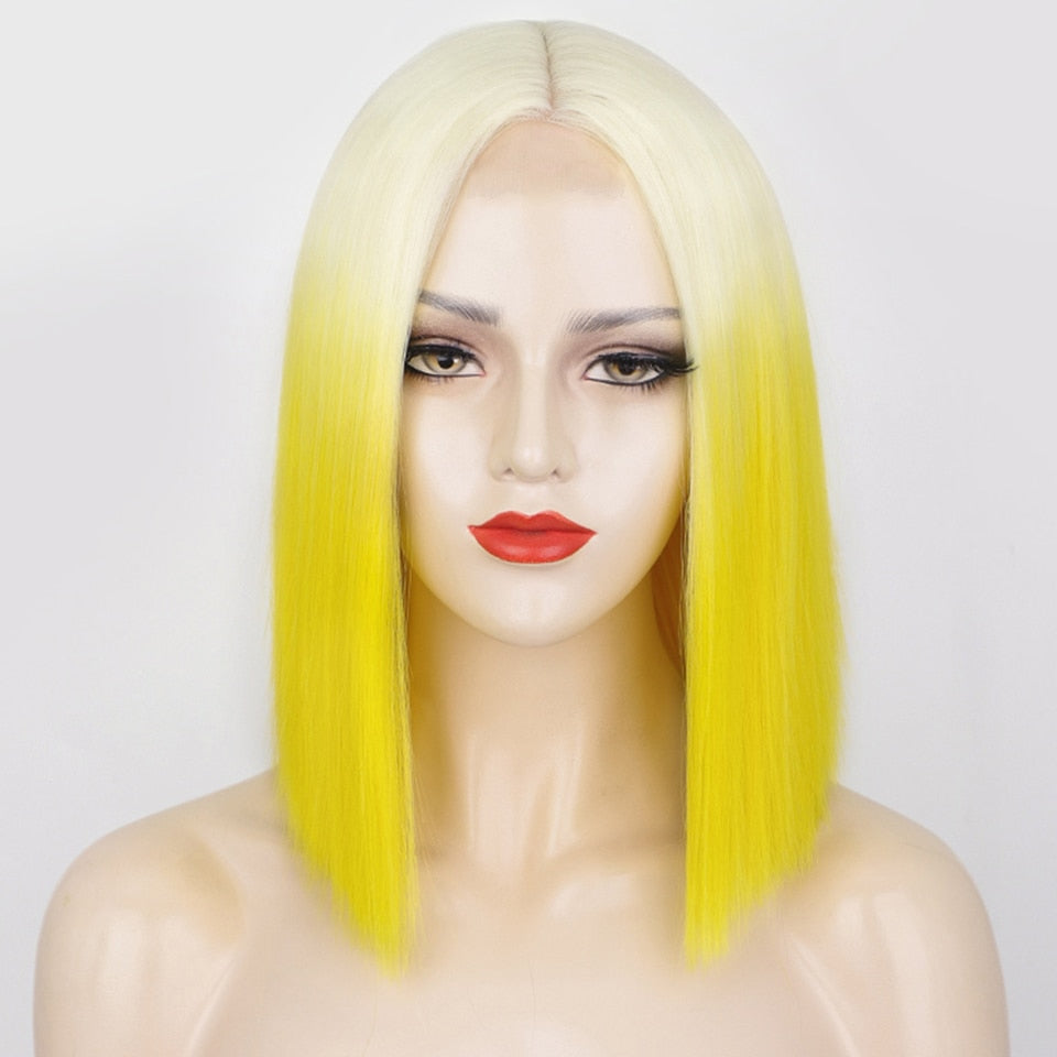Synthetic Ombre Orange Wig Short Straight Middle Part Bob Wig Natural Yellow/Red Wigs Heat Resistant Fiber