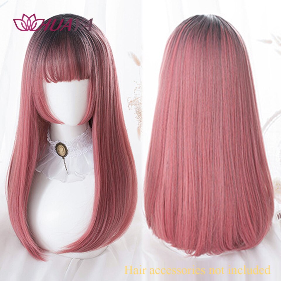 Long Straight Wig with Bangs Purple-White Heat Resistant Synthetic Hair Wigs for African American Girl Lolita Cosplay Wig