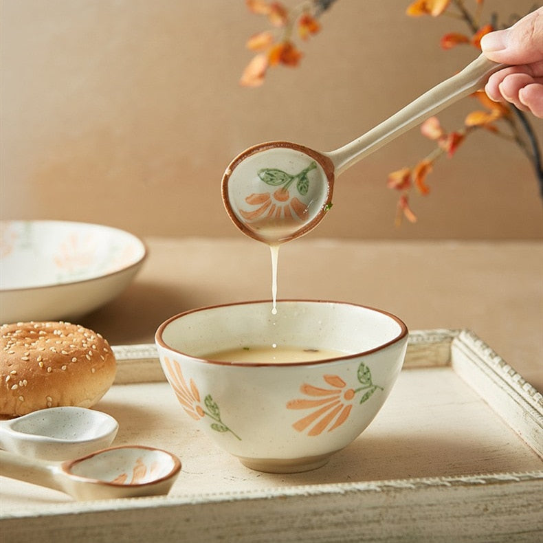 Japanese Style Stoneware Small Soup Spoon Ceramic Spoon, Long Handle Cute Spoon