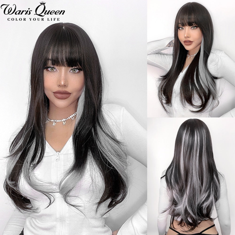 Long Wavy Ombre Black White Synthetic Wigs for Women Heat Resistant Natural Middle Part Cosplay Party Lolita Daily Hair Wigs