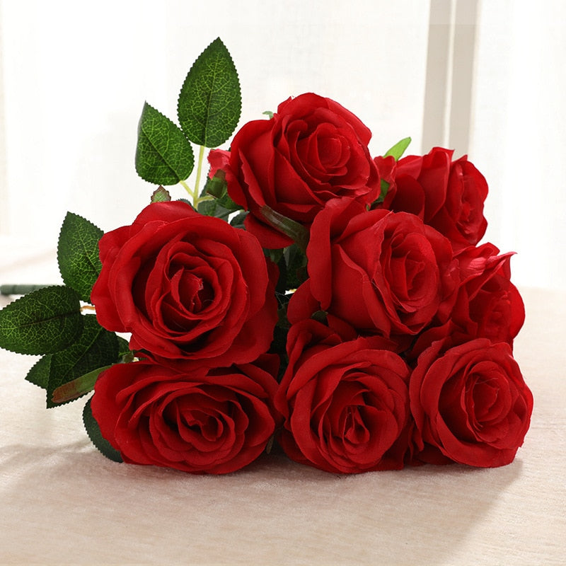 Simulation Bouquet 9 Heads Artificial Rose Silk Fake Flower Home Living Room Dining Table Wedding Decoration Purple