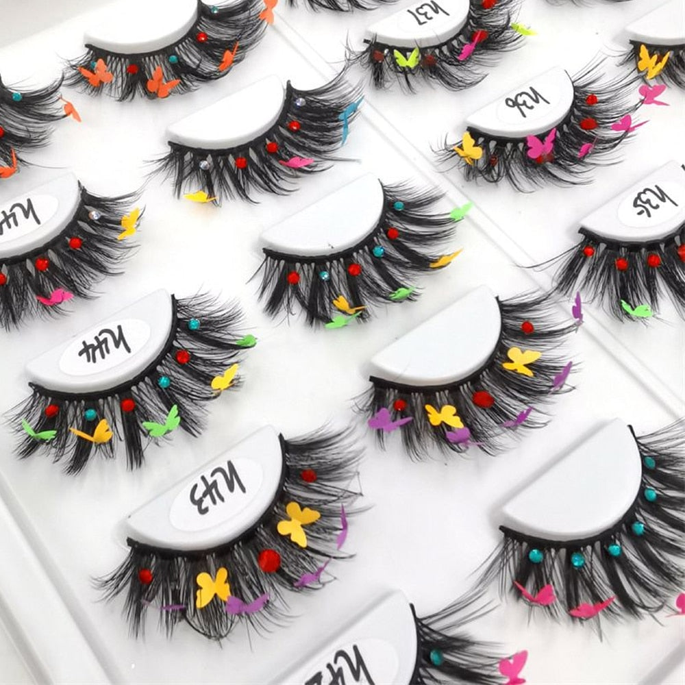 Faux Mink Butterfly Eyelashes With Packaging Boxes 3D Fluffy Glitter Sequins Thick Lash Colorful Shiny Star Flower Lashes
