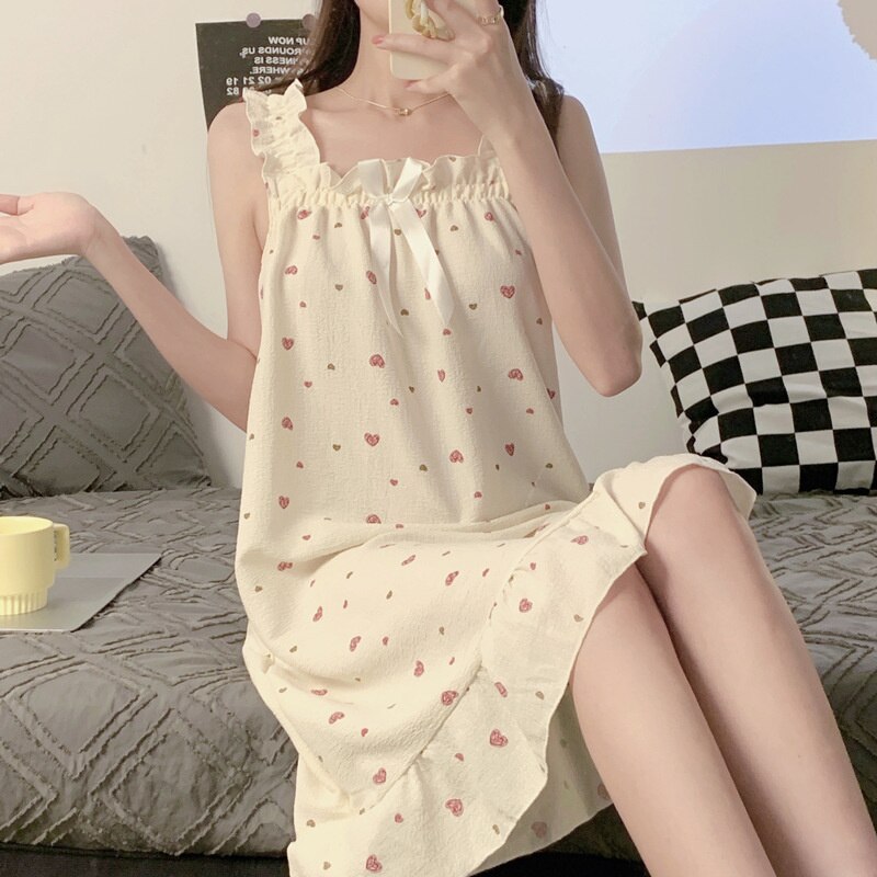 Summer Sleeveless Nightdress Women Cute Print Princess Nightgowns Sleepdress Home Dressing Gown Summer Long Sleepwear Nightwear