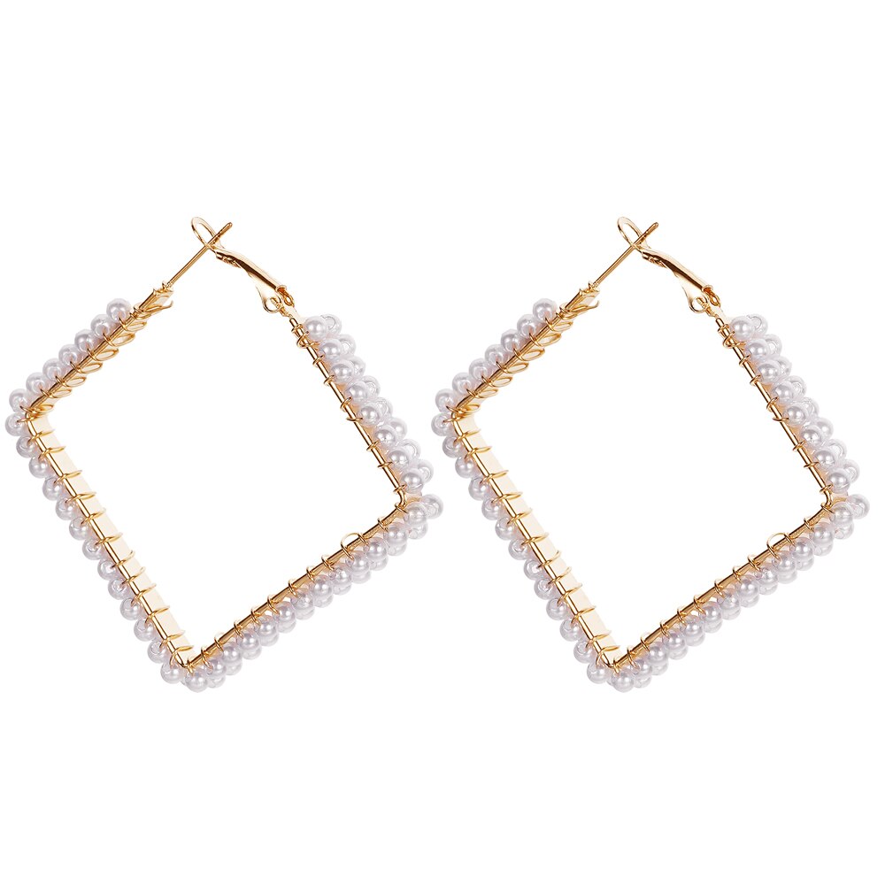 White Boho Imitation Pearl Round Circle Hoop Earrings Gold Color Big Earrings