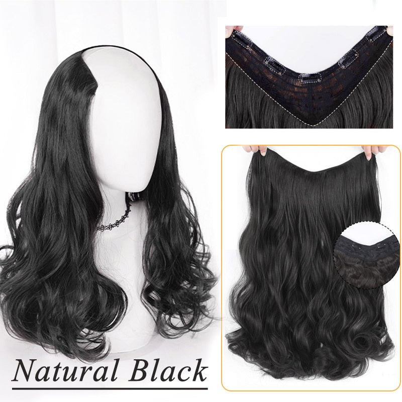 Synthetic Hair Fake Hair Extensions Clip Hairpiece V-Shaped Half Wig Natural Wavy Extension False Strands On Hairpins Women