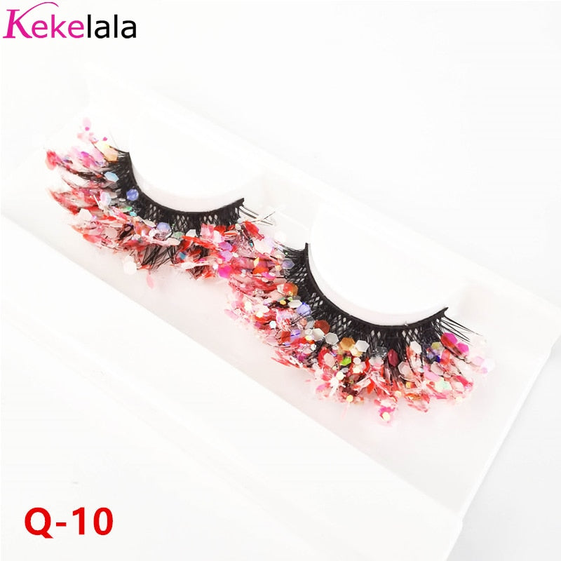 Unique Shining Colored Eyelashes Gold Pink Green Glitter Colorful False Eye Lashes Dramatic Halloween Party Rainbow Cilias