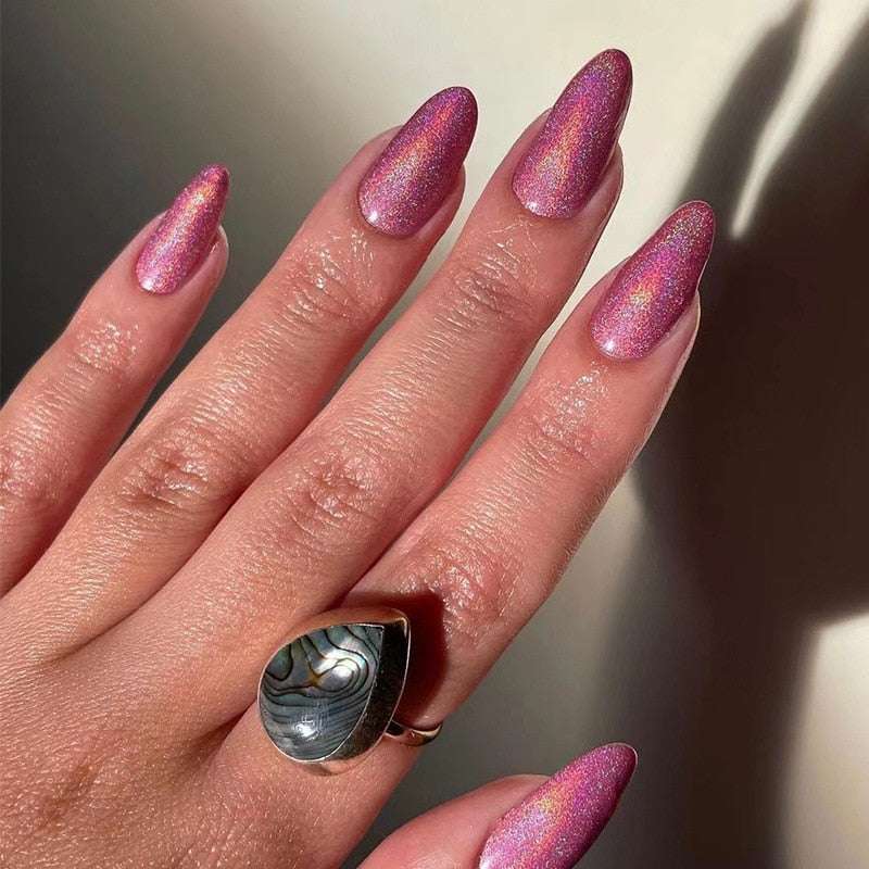 24pcs Glitter Fake Nails Purple Shiny Cat Eye Press On Nails Almond Head Manicure Nail Tips Pink/Blue False Nail Patch