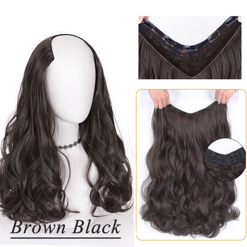 Synthetic Hair Fake Hair Extensions Clip Hairpiece V-Shaped Half Wig Natural Wavy Extension False Strands On Hairpins Women