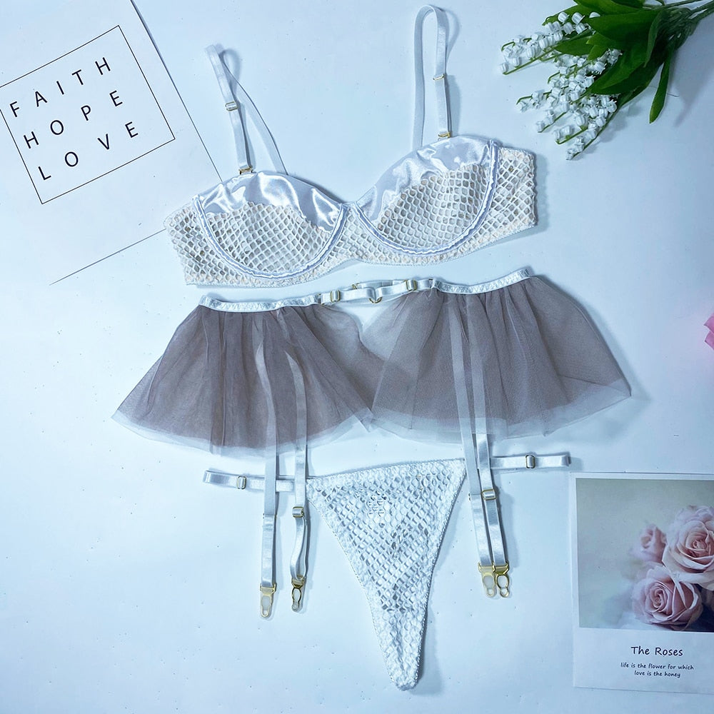 Sexy Lingerie Mesh Patchwork Fancy Underwear Ruffle Garters Delicate Luxury Brief Set See Through Sensual Erotic Sets