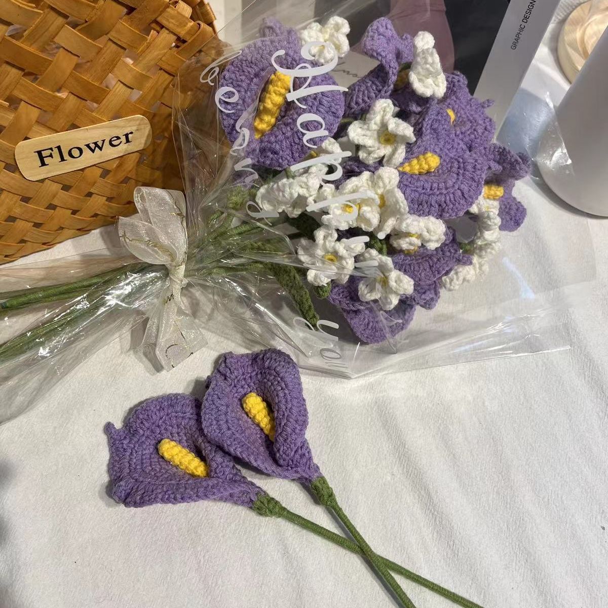 Finished Hand-Knitted Crochet Knitted Flowers Calla Lily Daisy Fake Flower Decoration Home Creative Decorate Gifts