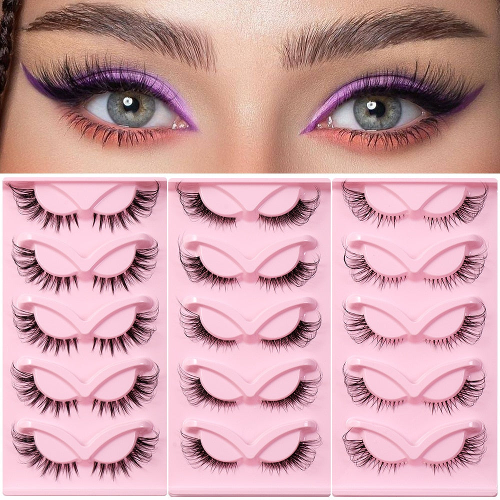 5Pairs Lashes Manga Lashes 3D Clear Band Lashes Natural Look Wispy Mink Eyelashes Fluffy Cat Eye Lashes individual Eyelashes
