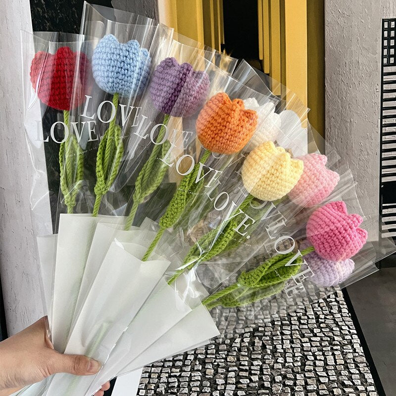 Knitting Flower Rose Carnation Fake Flowers Bouquet Decoration Hand-woven Home Table Decorate Creative Fake Flower Gifts