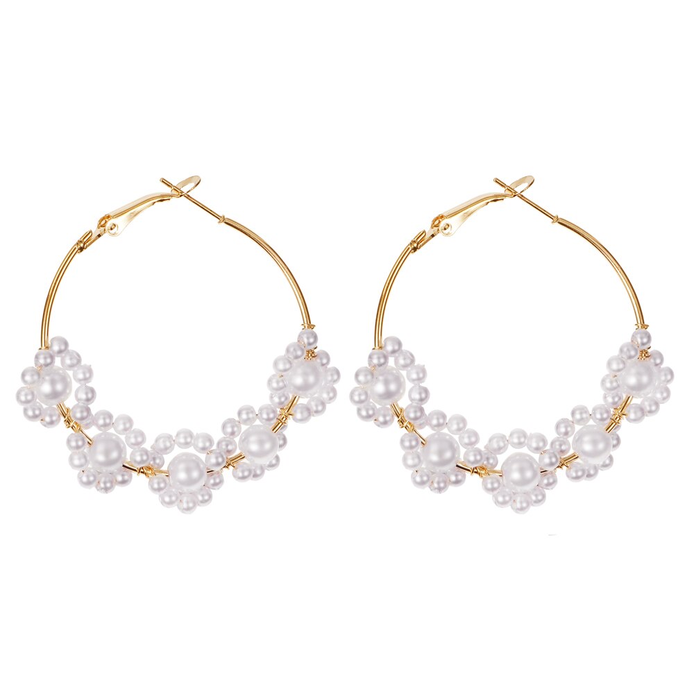 White Boho Imitation Pearl Round Circle Hoop Earrings Gold Color Big Earrings