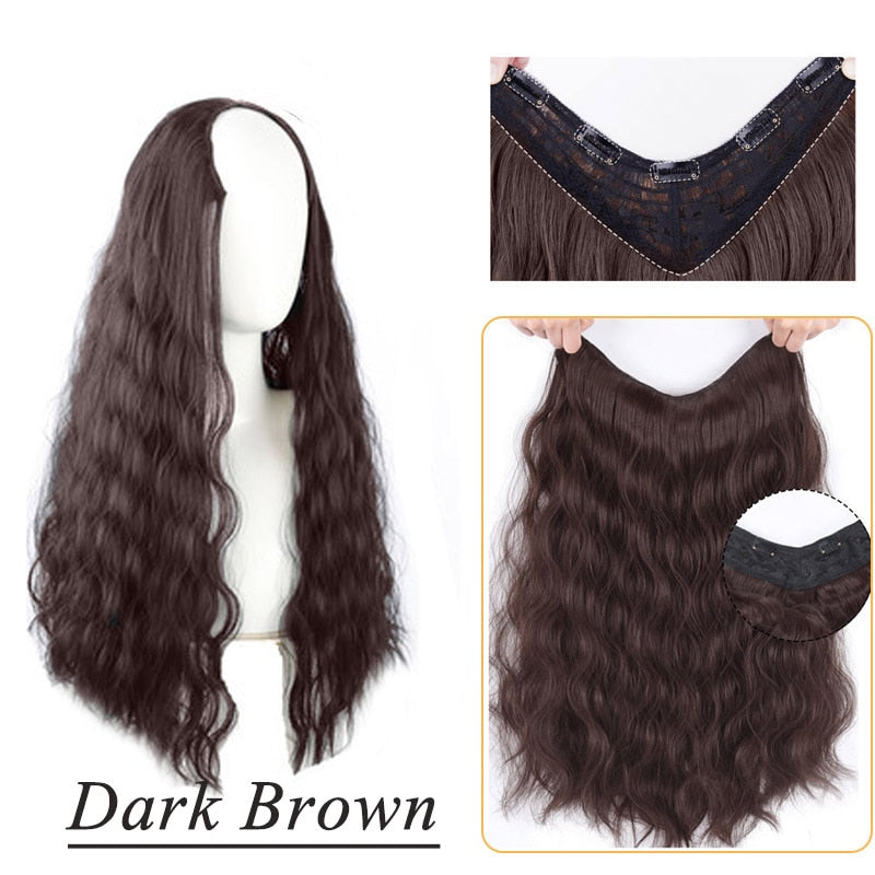 Synthetic Hair Fake Hair Extensions Clip Hairpiece V-Shaped Half Wig Natural Wavy Extension False Strands On Hairpins Women