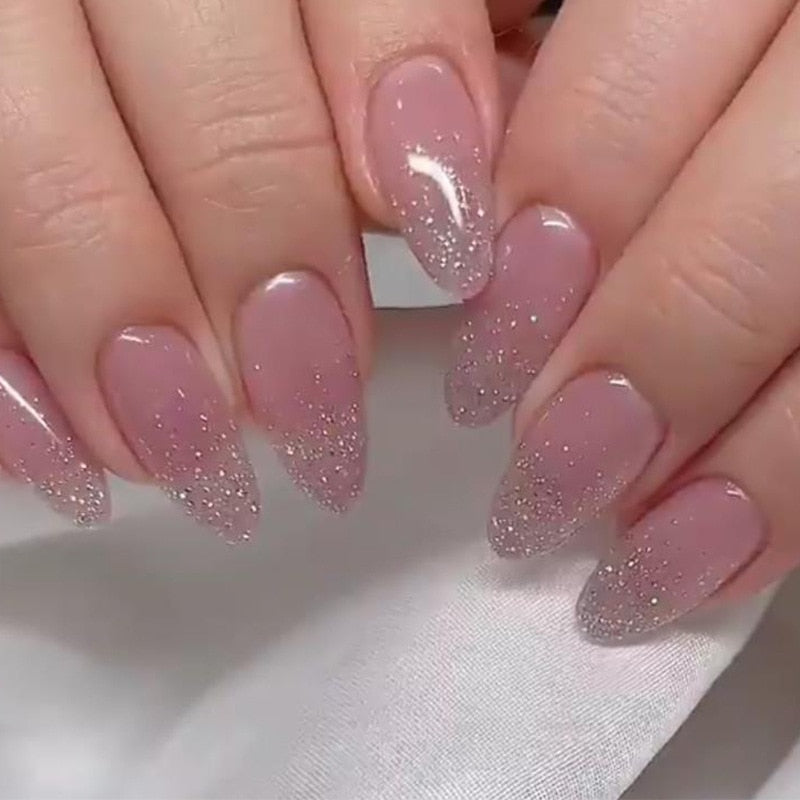 24pcs Glitter Fake Nails Purple Shiny Cat Eye Press On Nails Almond Head Manicure Nail Tips Pink/Blue False Nail Patch