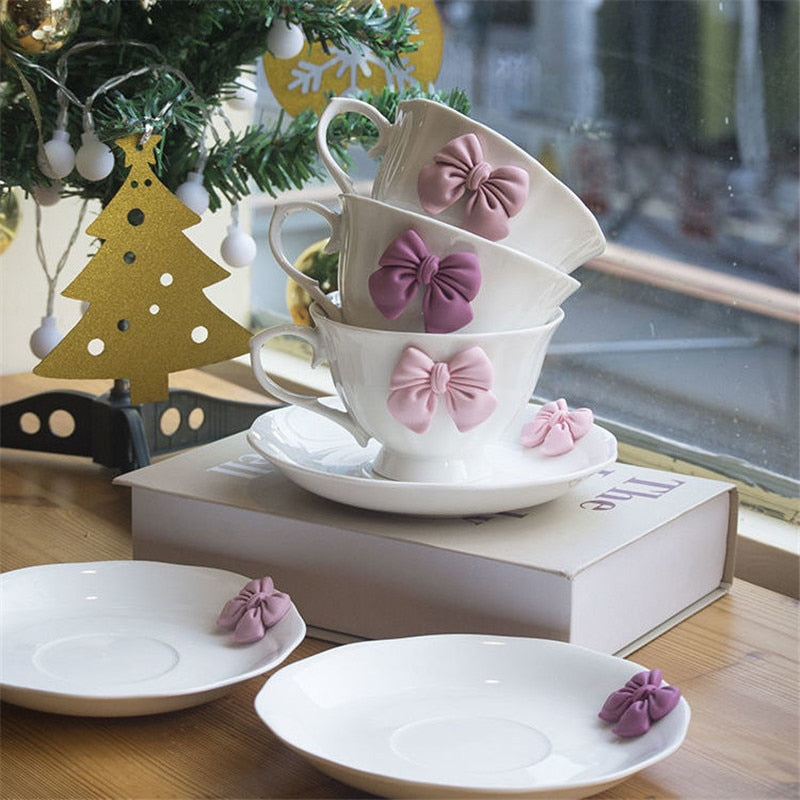Lovely Bow Porcelain Pink Tea set High Grade Coffee Cup and Saucer Set Ceramic Creative Coffee Mug Home Afternoon Tea Cup
