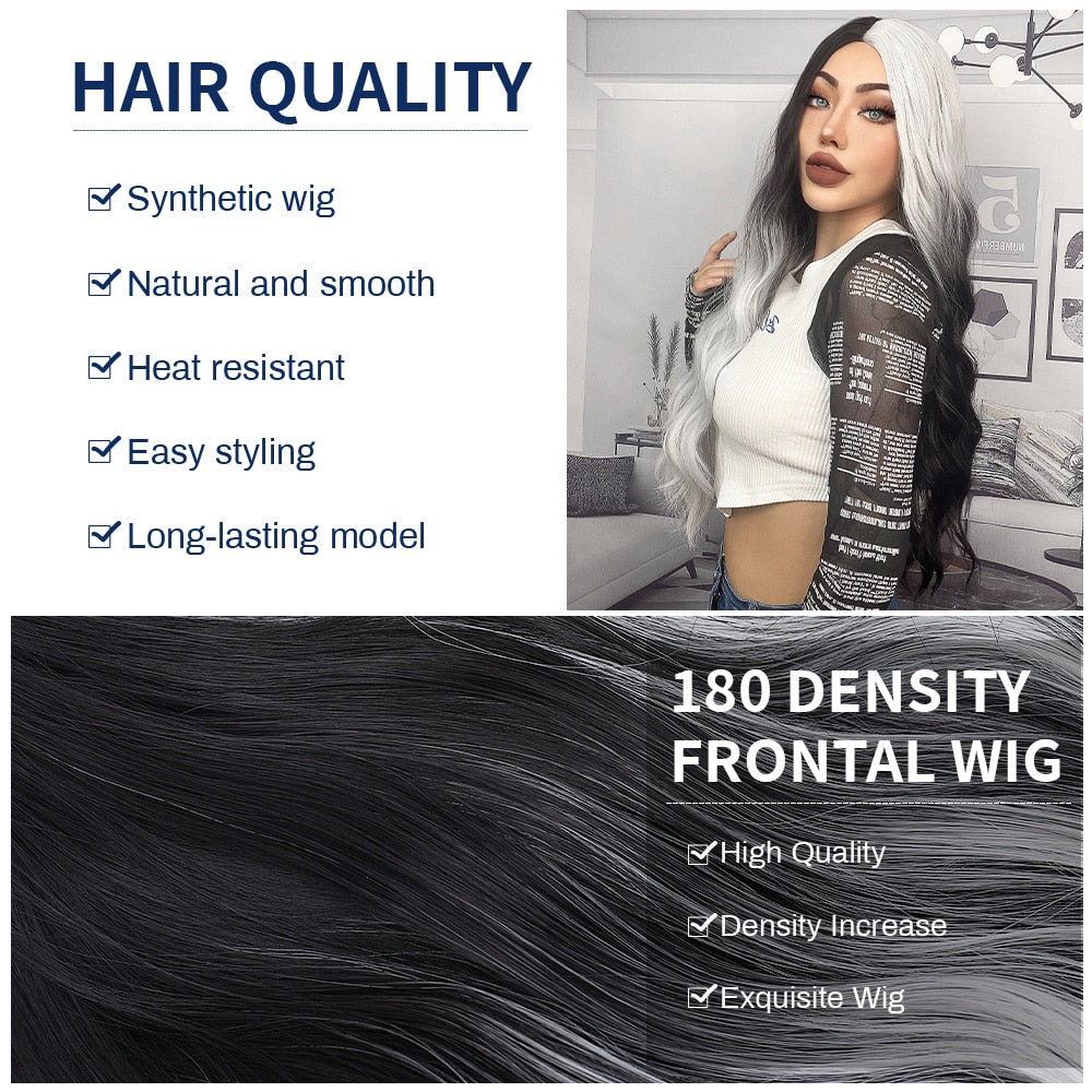 Long Wavy Ombre Black White Synthetic Wigs for Women Heat Resistant Natural Middle Part Cosplay Party Lolita Daily Hair Wigs