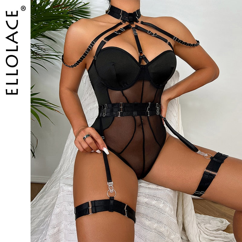 Fancy Lingerie Bodysuit Women With Garters Sexy Boat Body One-Pieces Sissy Teddy Erotic Halter Open Croch Babydoll